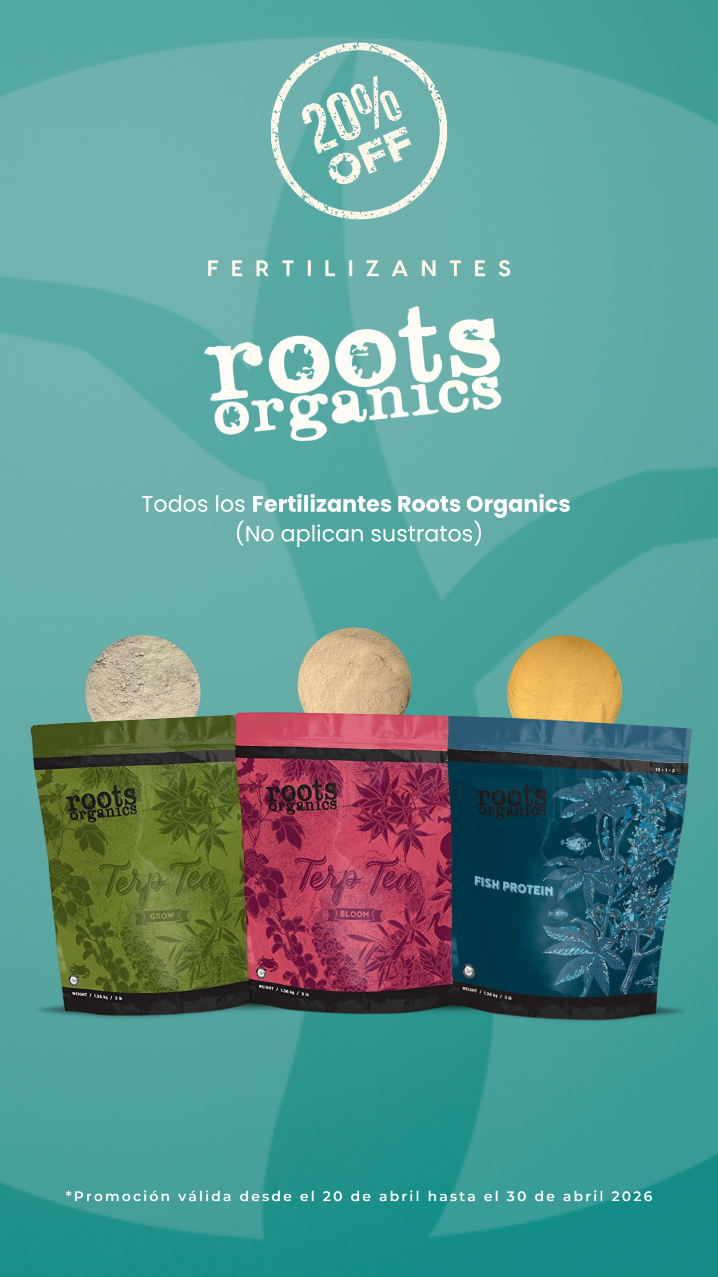 Fertilizantes Roots Organics con descuento